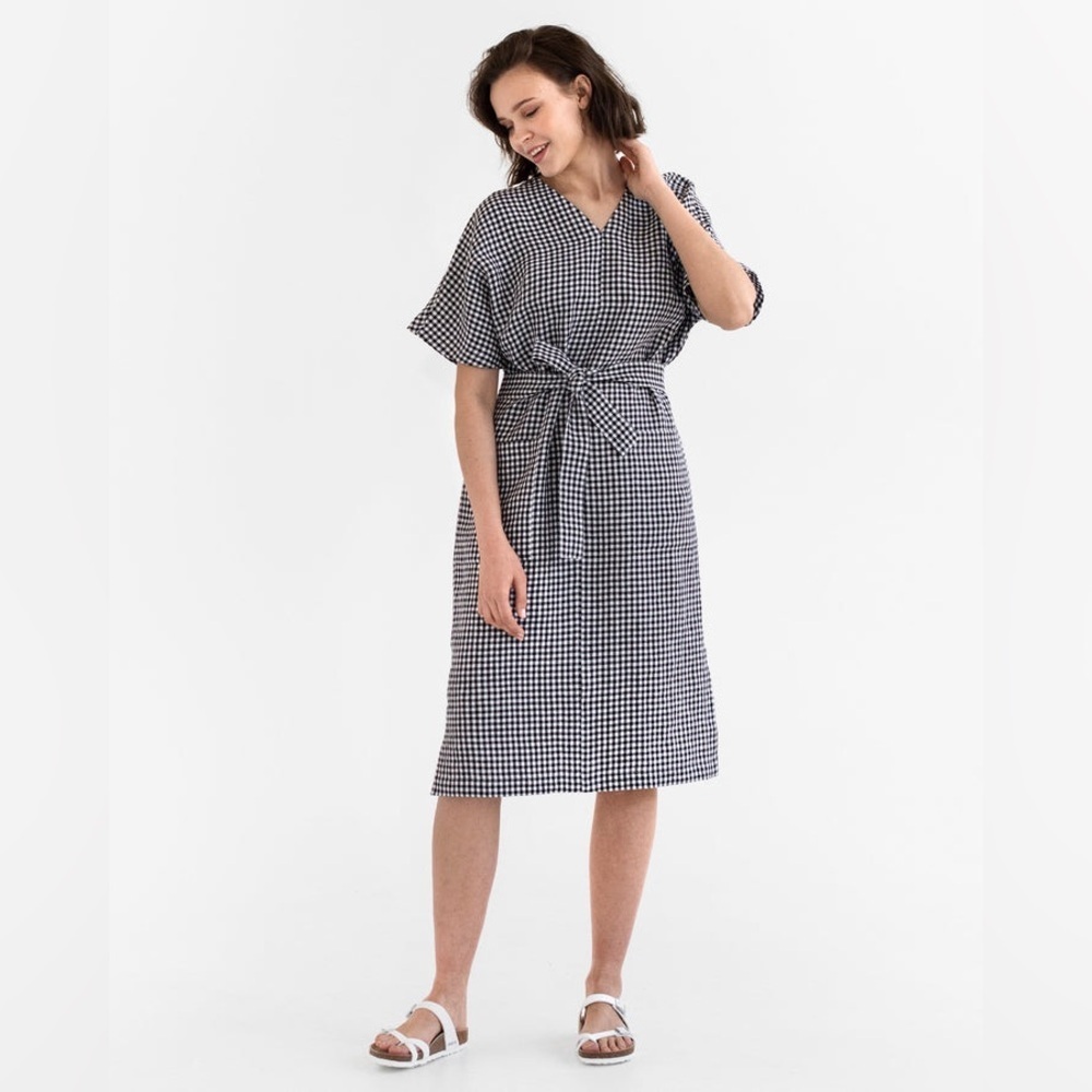 NEW Magic Linen V Neck Dress Chania Black White Gingham XS NWT